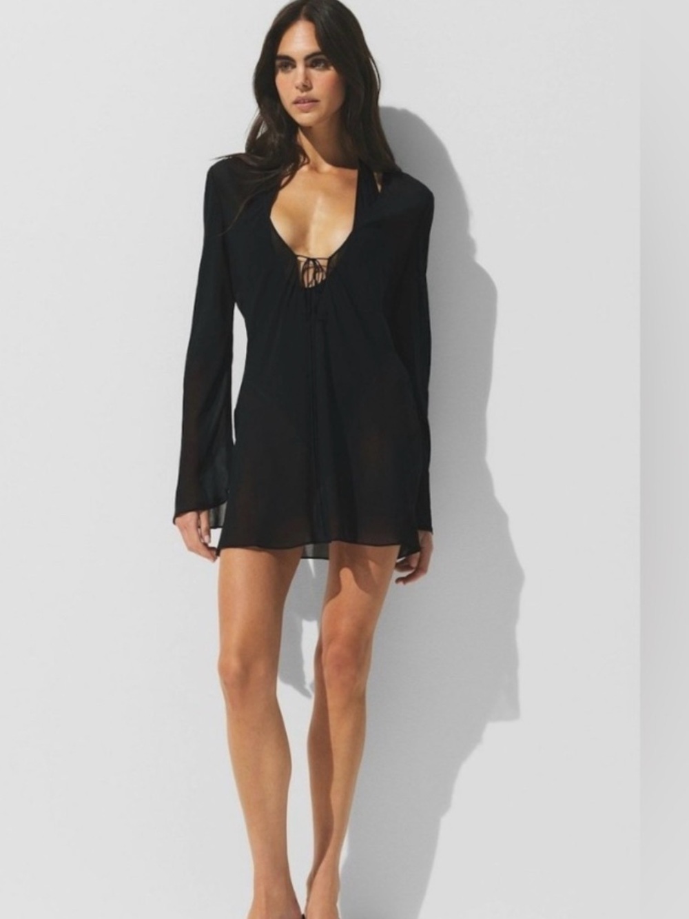 SKIMS Sheer Cover Ups Long Sleeve Mini Dress | Obsidian | Size XL | NWT